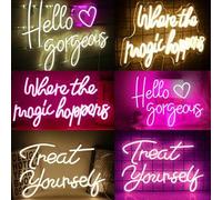 Shein Serie de letras de luz de neón - "Hola hermosa", "Donde suceden los milagros", "Siéntete como en casa", decoración de habitación adecuada para dormito
