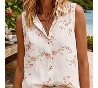 Shein Serie de Vacaciones Camisa sin Mangas con Cuello y Estampado Floral para Mujer, Estilo Francés Retro Chic, Elegante & Versátil, Perfecta para el Traba