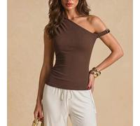 Shein Serie Diosa: Parte superior asimétrica elegante de un solo hombro para mujer con hebilla metálica dorada esculpida, detalle de hombro drapeado y ajust