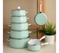 Shein Set 3p Bateria Cocina Esmaltado Qd 20cm - 24cm - 16cm Verde cacerola 20cm, cacerola 24cm y cazo 16cm Apto Vitrocerámica Apto Inducción Apto Eléctri