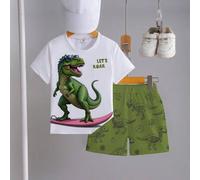 Shein Set casual de 2 piezas para niños pequeños con adorable estampado de dinosaurio haciendo surf y la frase "¡VAMOS A RUGIR!" en la camiseta, y shorts cu