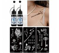 Shein Set combo de 3 plantillas de tatuaje temporal hueco con flor y pájaro de henna + 2 botellas de tinta de tatuaje negra, patrones florales y de palabras