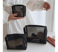 Shein Set de 1/2/3 piezas Bolsa de maquillaje de malla de nailon minimalista negra, caja de almacenamiento de cosméticos de gran capacidad para viajes, bols