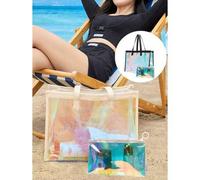 Shein Set de 1/2 piezas Bolso de playa grande transparente e iridiscente, bolso tipo tote para mujer, bolso de playa impermeable y a prueba de arena con bol