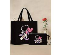 Shein Set de 1/2 piezas de bolso de mano y bolsa de cosméticos con temática de enfermera, estampados con gráficos de estetoscopio, corazón, jeringa, termóme