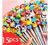 Shein Set de 10/15/20/30/40/50/100 lápices de colores con gomas de borrar, lápices creativos con gomas de borrar de dibujos animados para niños, estudiantes