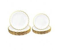 Shein Set de 10/20/40 piezas Platos desechables blancos con borde ondulado y detalles dorados de 9 pulgadas/7 pulgadas para fiestas de boda, cumpleaños y po