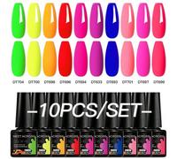 Shein Set de 10 esmaltes de uñas en gel de 7.3 ml, esmalte de uñas de verano fluorescente con colores neón, esmalte de uñas semipermanente de colores rosa c