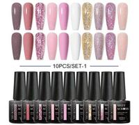 Shein Set de 10 piezas de esmalte de uñas en gel de 7ML, Set de esmalte de uñas en gel de color nude, rosa, morado y rojo brillante con diseño de arte de uñ