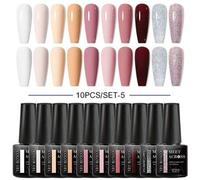 Shein Set de 10 piezas de esmalte de uñas en gel de 7ML, Set de esmalte de uñas en gel de color nude, rosa, morado y rojo brillante con diseño de arte de uñ