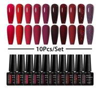 Shein Set de 10 piezas de esmalte de uñas en gel de 7ML, Set de esmalte de uñas en gel de color nude, rosa, morado y rojo brillante con diseño de arte de uñ