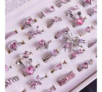 Shein Set de 10 piezas de anillos de corazón y mariposa de circonita sintética rosa elegante, anillos de cóctel ajustables, joyería de moda como regalo para