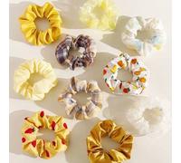Shein Set de 10 scrunchies delicados con estampado de espiral amarillo, lazos elásticos para el cabello para mujeres y niñas, adecuados para uso diario o co