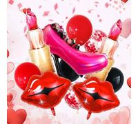 Shein Set de 11 globos de aluminio con forma de labios, que incluye tacón alto rosa intenso, lápiz labial, estampado de labios, globos de confeti negro y ro