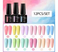 Shein Set de 12 piezas de esmalte de uñas en gel de color tipo macarrón, unicolor rosa y azul para primavera y verano, 7ml, semi-permanente, remojable, para