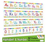 Shein Set de 12 tiras con letras y números para tablón de anuncios, adecuado para decoración de aulas de preescolar y jardín de infantes, póster de aprendiz
