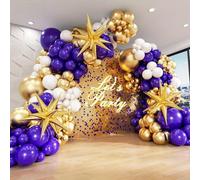 Shein Set de 125 piezas de guirnalda de arco de globos morados y dorados con 3 globos en forma de estrella, globos metálicos dorados, morado oscuro y blanco