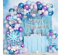 Shein Set de 134 piezas Juego de arco de guirnalda de globos Frozen con cortina de flecos de 1*2M, copos de nieve, globos metálicos perlados azules, morados
