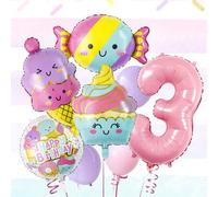 Shein Set de 15 globos de cumpleaños con tema de caramelos, incluye globos de números del 1 al 9 en rosa, macarons rosas, helados rosa-morados, caramelos de