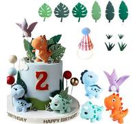 Shein Set de 15 piezas de decoraciones para pasteles con tema de dinosaurios, que incluye 4 figuras de dinosaurios, picos de hierba y hojas, adecuado para p