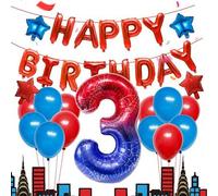 Shein Set de 16 globos de cumpleaños con tema de araña, incluye un globo de helio gigante de degradado rojo y azul, diseño de telaraña, pancarta de "Feliz C