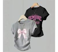Shein Set de 2 camisetas de manga corta para adolescentes con cintura ajustada, una con estampado de palabra en inglés y la otra con estampado de lazo, tops