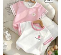Shein Set de 2 camisetas para niñas, camiseta roja con estampado floral y camiseta blanca con estampado de fresa, estilo cómodo de verano adecuado para prim