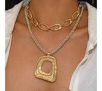 Shein Set de 2 collares: 1) Collar con colgante geométrico cuadrado hueco asimétrico de oro mate versátil y trenzado, 2) Collar de cadena gruesa de oro vint