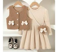 Shein Set de 2 conjuntos casuales para niñas - Blusa sin mangas con decoración de moño y vestido de manga larga hasta la rodilla, conjunto de moda para prim