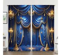 Shein Set de 2 cortinas de estilo artístico real y elegante de color azul real, con instalación de barra de bolsillo, impresión digital semi-transparente, m