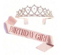 Shein Set de 2 diademas de fiesta de cumpleaños elegantes para niñas, con corona de color oro rosa y adorno de strass