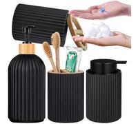 Shein Set de 2 dispensadores de jabón espumoso con soporte para cepillo de dientes y pasta de dientes, diseño moderno a rayas, dispensador de líquido con bo