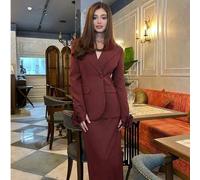 Shein Set de 2 piezas: Blazer de escote en V elegante rojo + Falda tubo, Moda de Oriente Medio, Adecuado para ocasiones formales, Otoño/Invierno