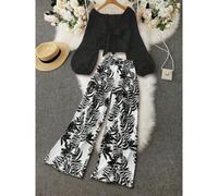 Shein Set de 2 piezas Blusa de manga farol de unicolor casual de vacaciones y pantalón largo con estampado tropical para mujeres