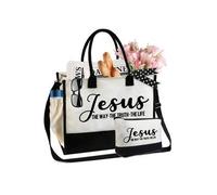 Shein Set de 2 piezas: Bolso de yute de gran capacidad con estampado de <<La fe sobre el miedo», con bolsa de maquillaje, cristiano, expresa tus creencias,