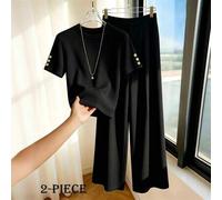 Shein Set de 2 piezas: Camiseta de cuello redondo minimalista de manga corta con decoración de botones y pantalones anchos de pierna casual, top de punto ac