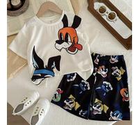Shein Set de 2 piezas: Camiseta de manga corta con cuello redondo y estampado de cachorrito lindo y pantalones cortos clásicos a rayas con estampado de cach