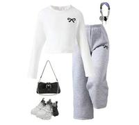 Shein Set de 2 piezas Camiseta de manga raglán con estampado de mariposa y pantalones rectos de punto para niñas, adecuado para caminar, compras, uso escola