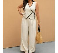 Shein Set de 2 piezas: Chaleco con cordón de contrastes y pantalones de pierna recta para talla grande y uso casual
