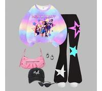 Shein Set de 2 piezas Chica adolescente Casual K-Pop Dibujo animado Niña Letra y Estampado de estrella Ombré Hombros caídos Manga larga Sudadera y Pantalone