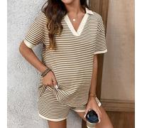 Shein Set de 2 piezas con blusa de manga corta y cuello de solapa a rayas y shorts para mujeres embarazadas, para el verano
