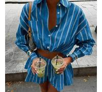 Shein Set de 2 piezas con blusa de manga larga con parches a rayas y cintura suelta, y pantalones cortos plisados de pierna ancha, adecuado para vacaciones,