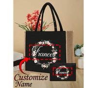 Shein Set de 2 piezas con bolso de lona y neceser con patrón de corona floral personalizada con nombre. Bolso grande de mujer de lino de gran capacidad, bol