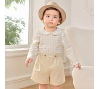 Shein Set de 2 piezas con camisa a cuadros informal y cute y pantalones cortos con cintura elástica para niño/niña, adecuado para fiestas de cumpleaños, eve