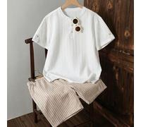 Shein Set de 2 piezas con camisa de media cartera con textura de tela casual y pantalones cortos a rayas para niños adolescentes, simple y cómodo para uso d