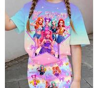 Shein Set de 2 piezas con camiseta de manga corta y pantalones cortos con estampado de degradado de color dopamina, superestrella de K-pop, dibujos animados