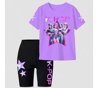 Shein Set de 2 piezas con camiseta de manga corta y pantalones cortos con estampado de letra y estrella del grupo femenino de K-pop en estilo Y2K, color mor