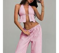 Shein Set de 2 piezas con chaleco de rayas con abertura en el cuello y pantalón largo a la cintura baja de rayas para joven dama de ciudad
