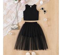 Shein Set de 2 piezas con falda short de malla y top sin mangas para niñas, conjunto de verano casual y lindo