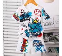 Shein Set de 2 piezas con parte superior de manga corta y cuello redondo con estampado de oso y corona + shorts para niños pequeños de 3 a 7 años, ropa depo